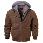 Blouson cuir marron avec capuche grise, une option classique et souple pour homme.