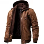 Veste cuir homme marron, coupe bomber, zippée, parfaite pour un style motard.