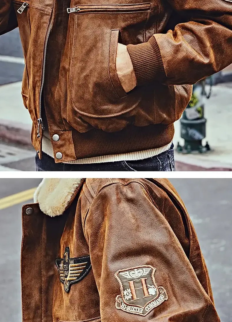 Détail des manches et des poches d'une veste aviateur en cuir marron, montrant la texture vieillie et les finitions.