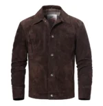 Blouson homme en cuir foncé ouvert, avec doublure à motif écossais, veste chic et polyvalente.