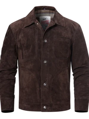 Blouson homme en cuir foncé ouvert, avec doublure à motif écossais, veste chic et polyvalente.