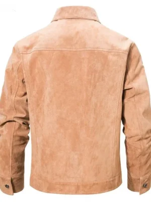 Vue de dos du blouson cuir homme chic en daim marron, coupe droite et finition soignée.