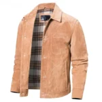 Blouson homme en cuir aspect daim ouvert, montrant la doublure à carreaux, veste décontractée et stylée.