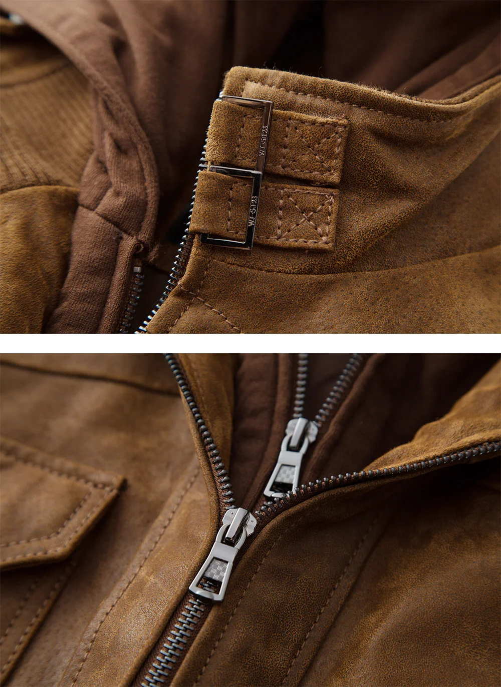 Détails du col et des fermetures éclair de la veste en cuir marron, style biker.