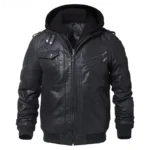 Veste cuir noir pour homme, avec capuche intégrée, un essentiel perfecto pour toute saison.