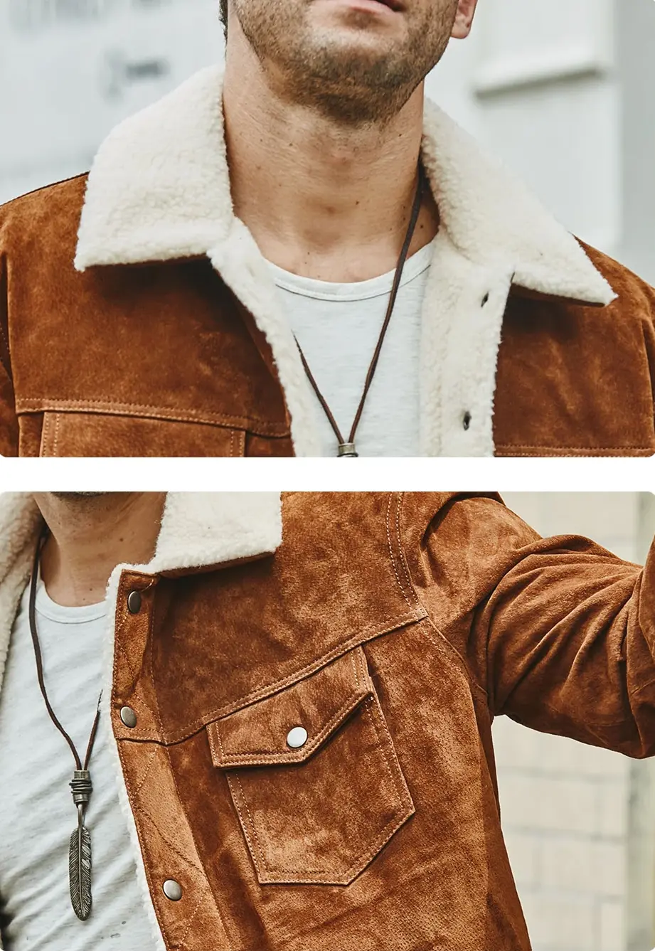 Blouson aviateur homme en daim, col fourrure, un classique fiable et chaud.