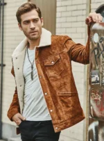 Veste homme blouson aviateur daim marron, col fourrure, isolation éprouvée.