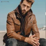 Modèle homme portant un blouson cuir marron avec capuche, allure chic classe en extérieur.
