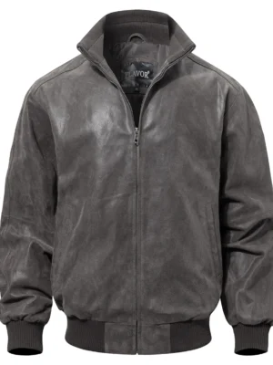 Bombardier gris homme, blouson en daim, produit disponible en plusieurs tailles.