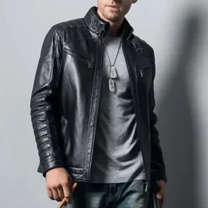 Blouson cuir homme noir, style urbain, parfait pour un look décontracté.