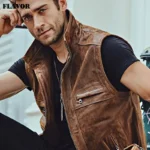 Veste sans manches gilet cuir homme biker col montant, pour une tendance biker chic et intemporelle.