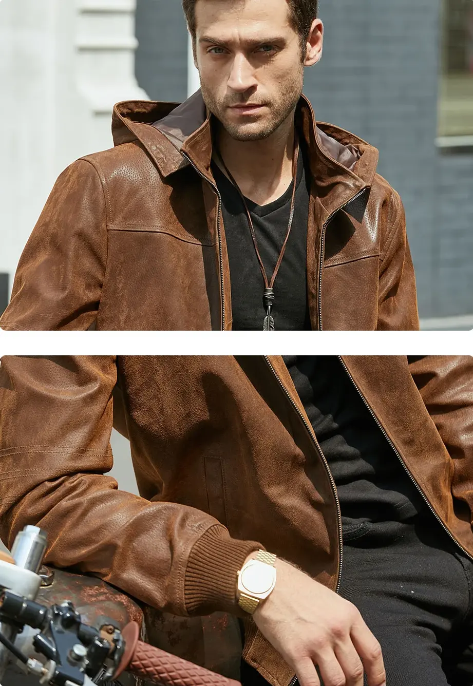 Veste en cuir homme marron, chic et décontractée avec capuche amovible, idéale pour un look sophistiqué.