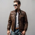 Blouson cuir véritable homme style biker, col motard, pour aventuriers.