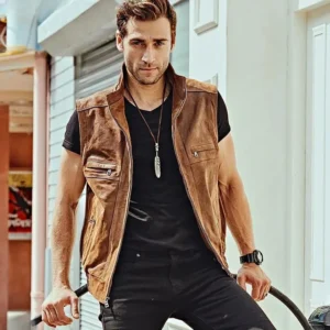 Gilet cuir homme biker col montant marron, style vintage authentique et robuste.