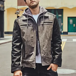 veste en cuir tendance homme grise avec capuche