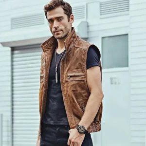 Homme charismatique arborant un gilet cuir homme biker col montant, esprit aventurier moderne.