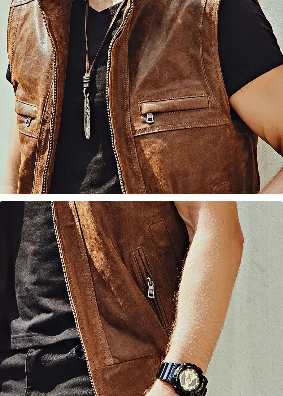 Détail d'un gilet cuir homme biker col montant, avec ses finitions soignées et poches zippées.