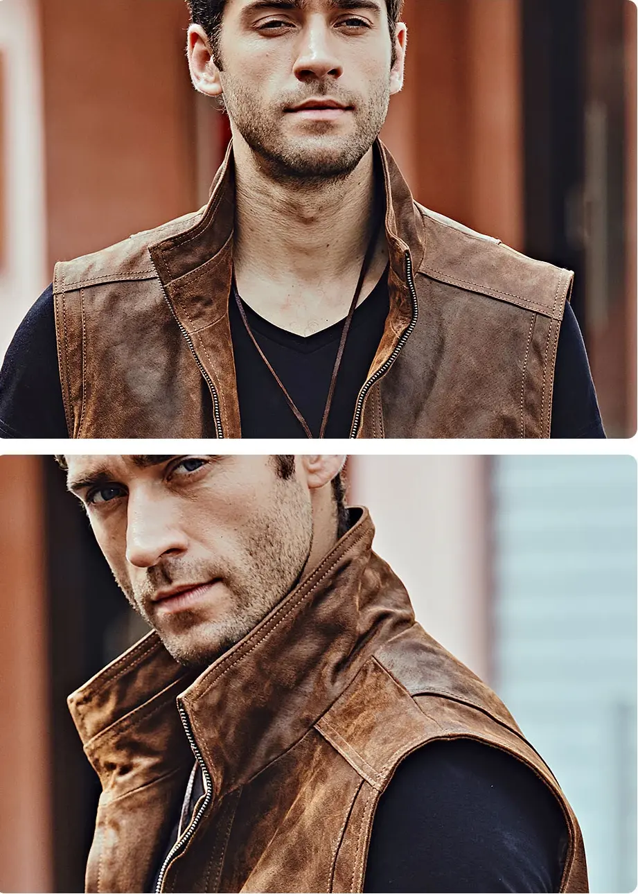 Gilet cuir homme biker col montant en daim, parfait pour un look urbain et rebelle assumé.