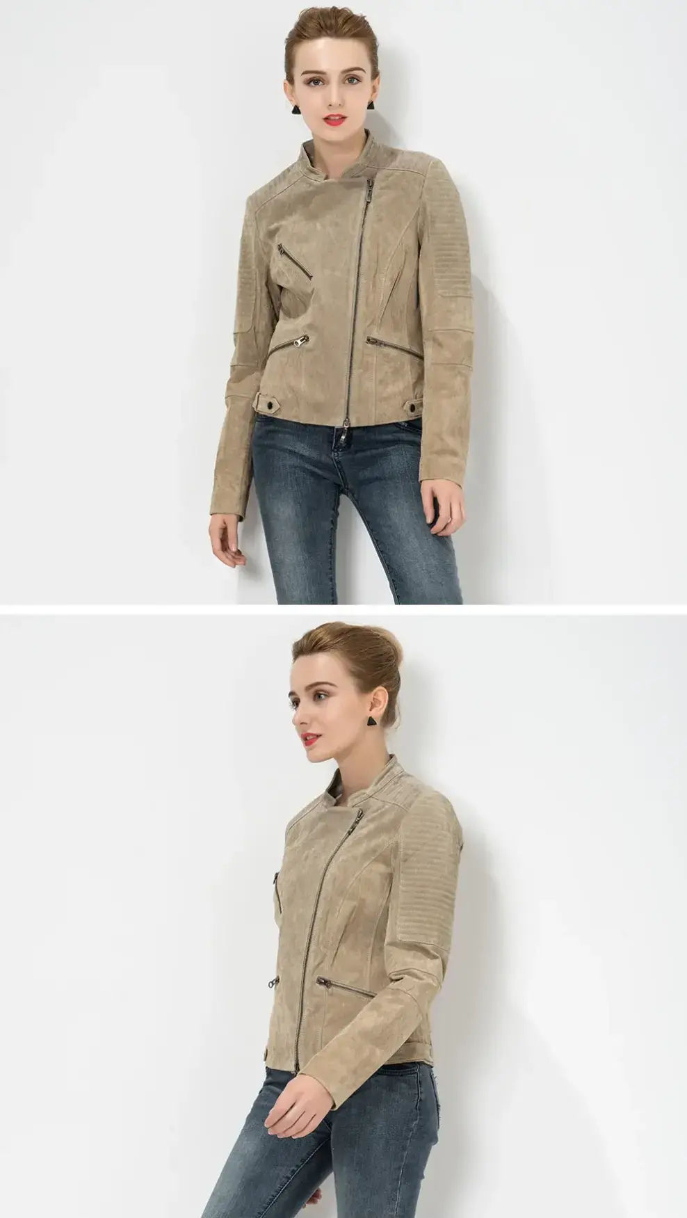 Blouson biker femme en daim beige, vue de face, idéal pour un look tendance et branché.