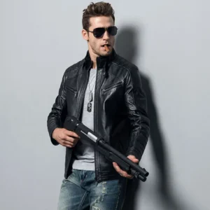 Blouson cuir terminator 2, veste en cuir noir robuste, pour un look iconique et puissant.
