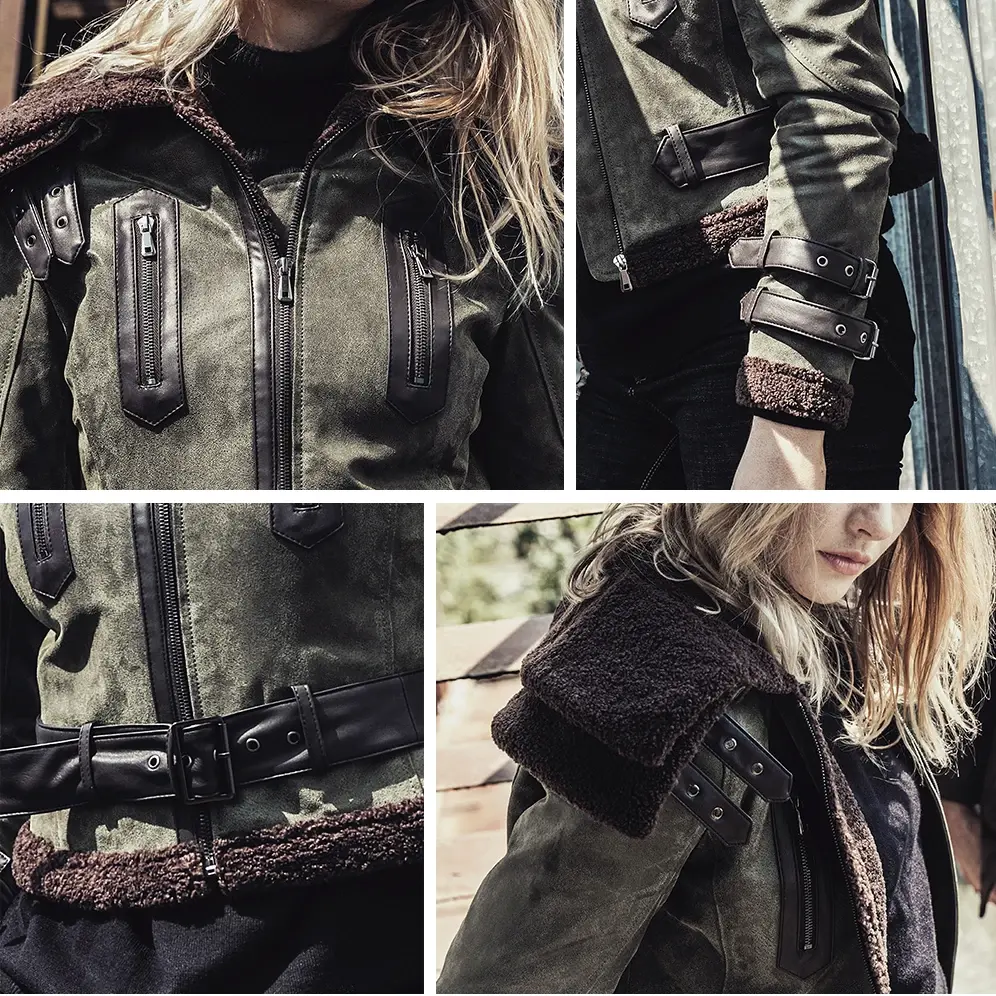 Veste en cuir vintage femme avec col et doublure en laine marron, idéal pour l'hiver.