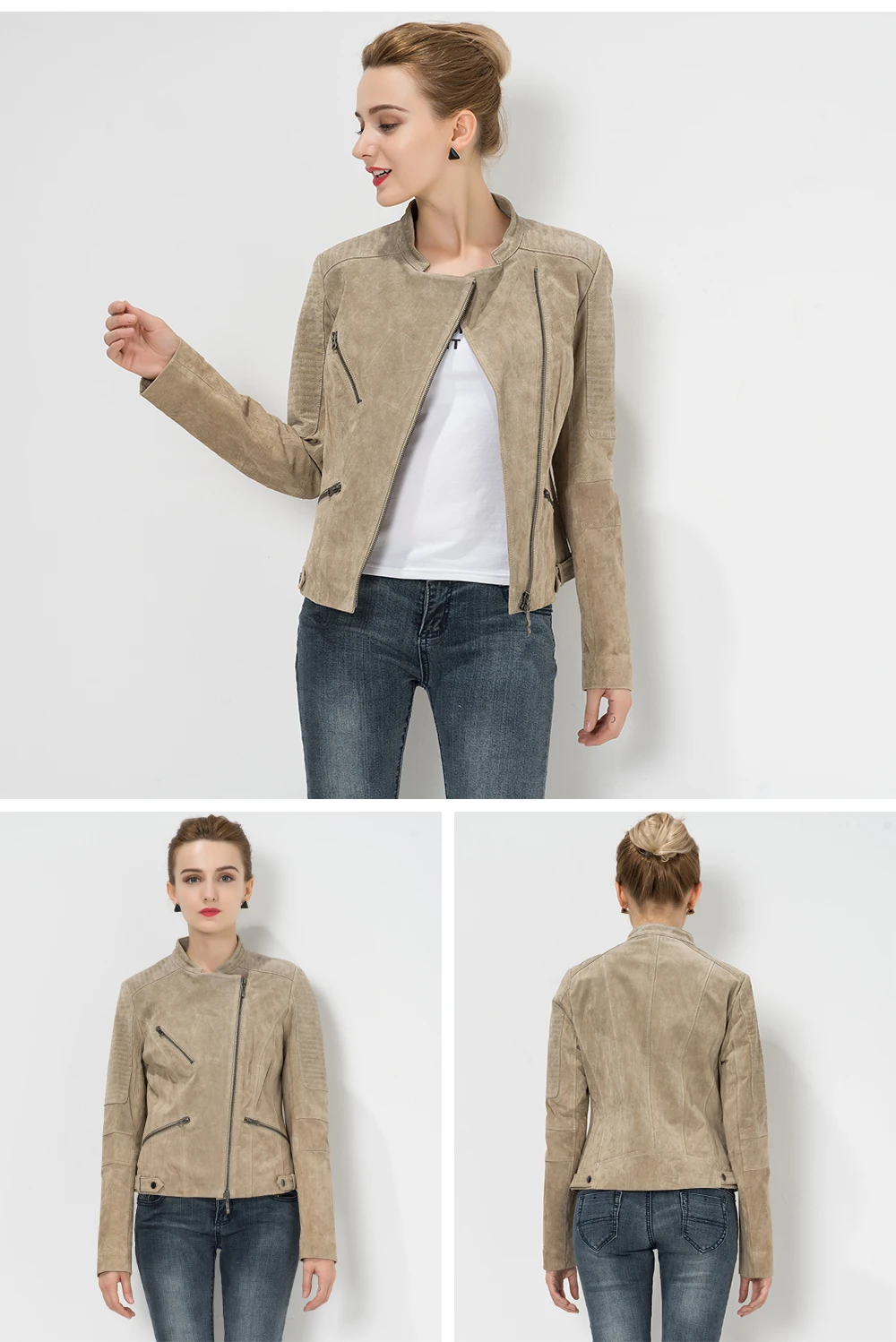 Veste femme en cuir suédé beige, coupe courte, parfaite pour les saisons printemps été.