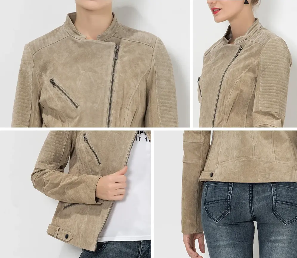 Détails de la veste en daim: col motard, fermeture éclair asymétrique et manches matelassées, aspect daim.