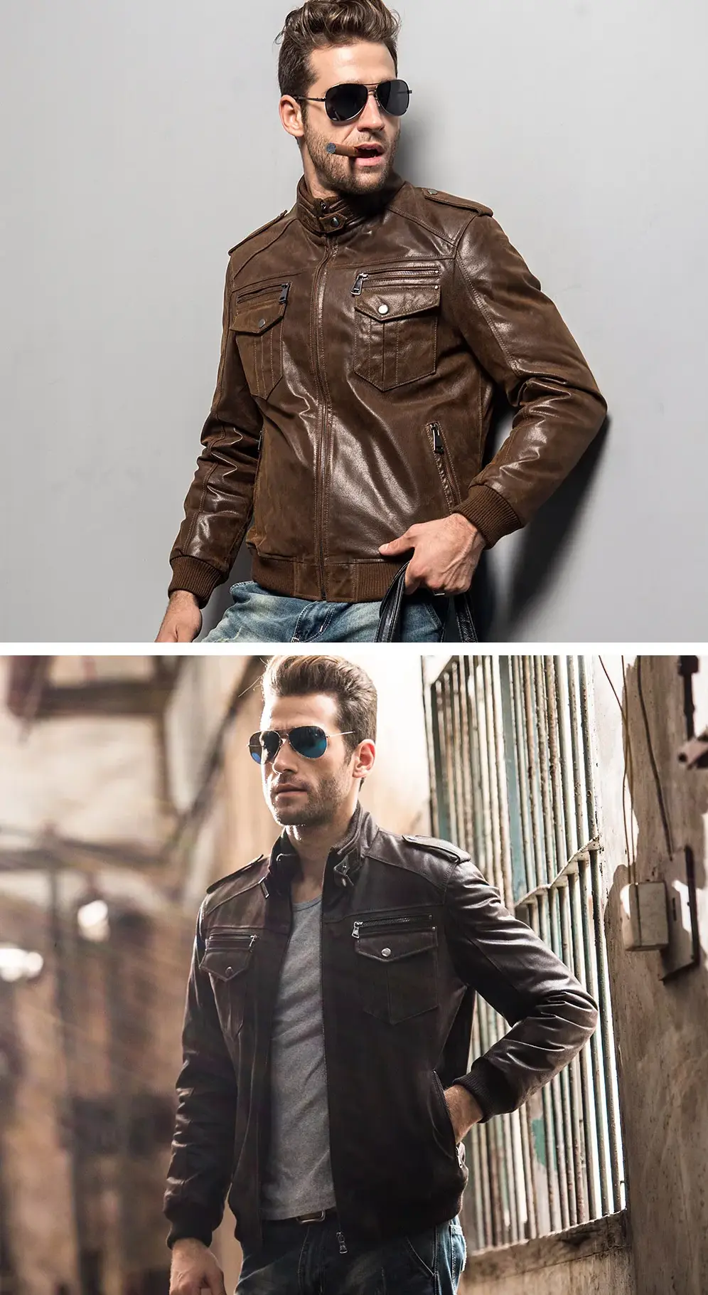 Détail blouson cuir biker homme col motard, texture vieillie.