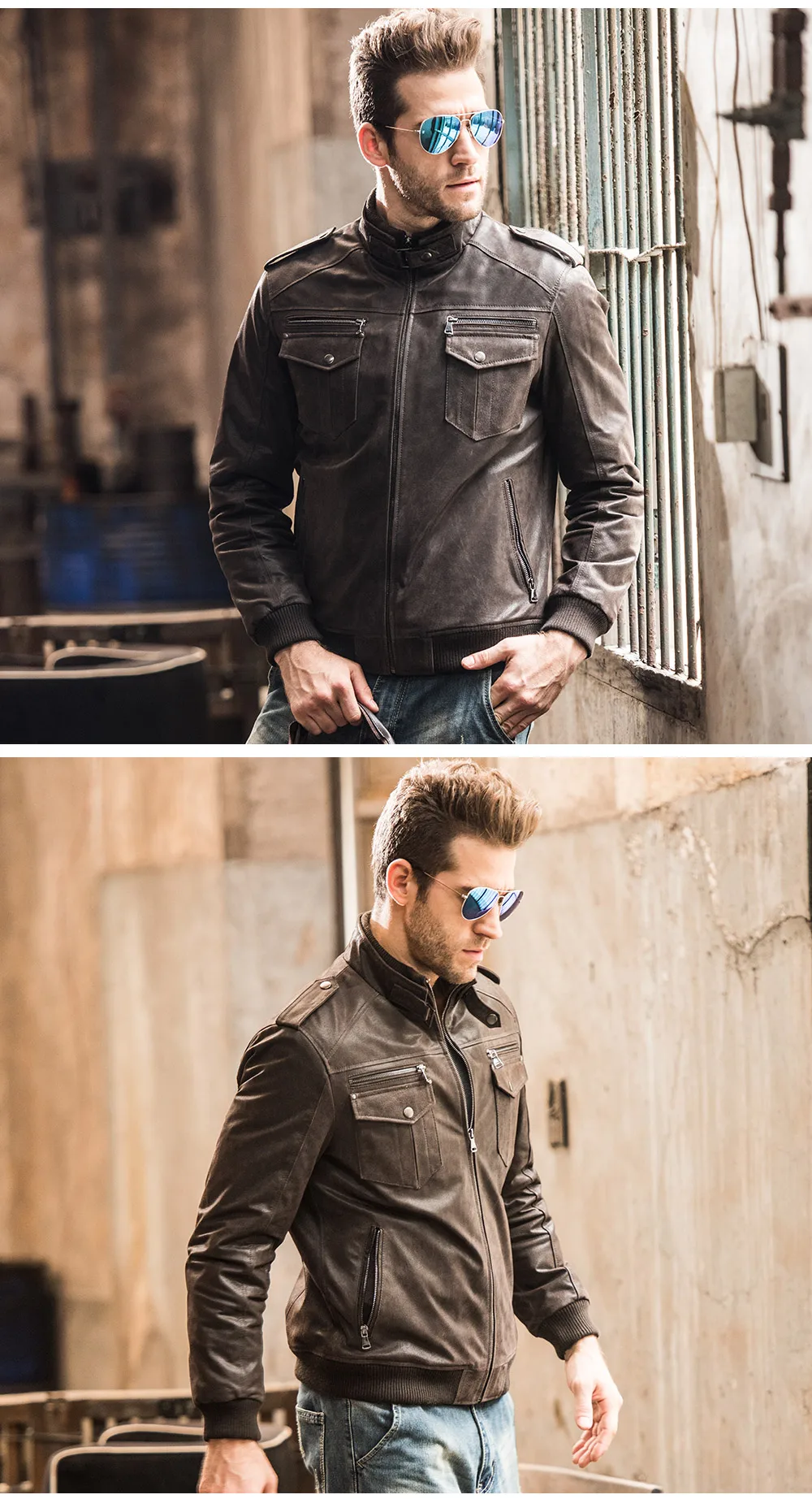 Veste en cuir homme style biker avec col motard, coupe ajustée.