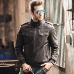 Veste cuir marron homme, inspiration biker, col motard, résistance accrue.