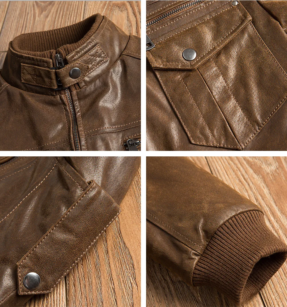 Blouson cuir biker homme, couleur marron, col motard, idéal moto.