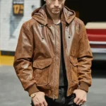 Blouson cuir homme chic cognac à capuche - idéal pour un style urbain et raffiné.