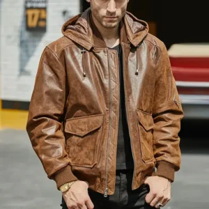 Blouson cuir homme chic cognac à capuche - idéal pour un style urbain et raffiné.