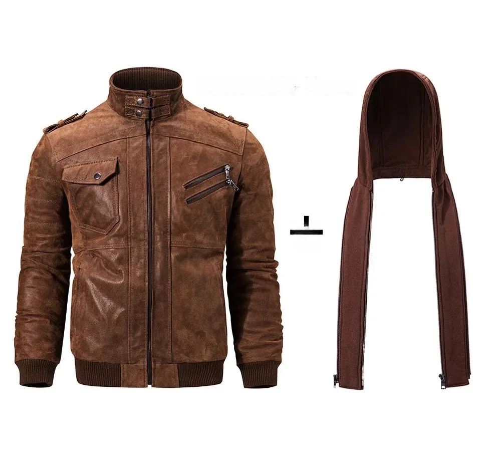 Veste cuir marron pour homme avec sa capuche amovible, polyvalente pour un style sport décontracté.