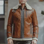 Bombardier peau lainée homme marron, veste en cuir épais et chaud avec col fourrure pour l'hiver.
