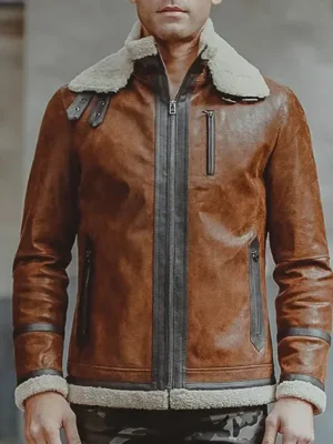 Bombardier peau lainée homme marron, veste en cuir épais et chaud avec col fourrure pour l'hiver.
