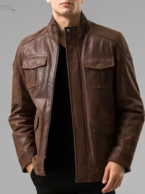 Blouson cuir homme style motard marron, coupe élégante, parfait pour un look vintage et biker.