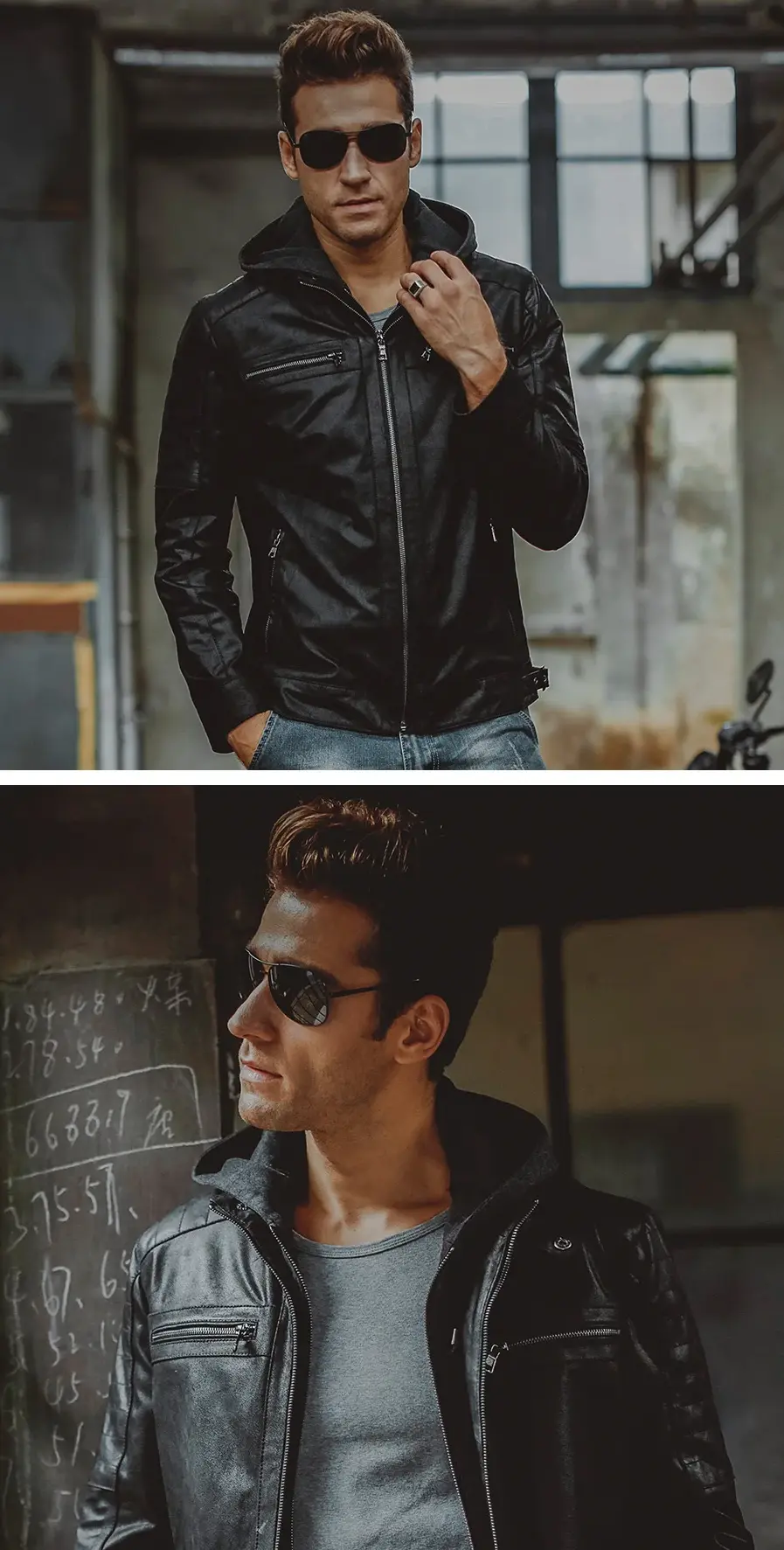 Silhouette d'homme avec blouson en cuir noir et capuche, idéal pour un style streetwear tendance.
