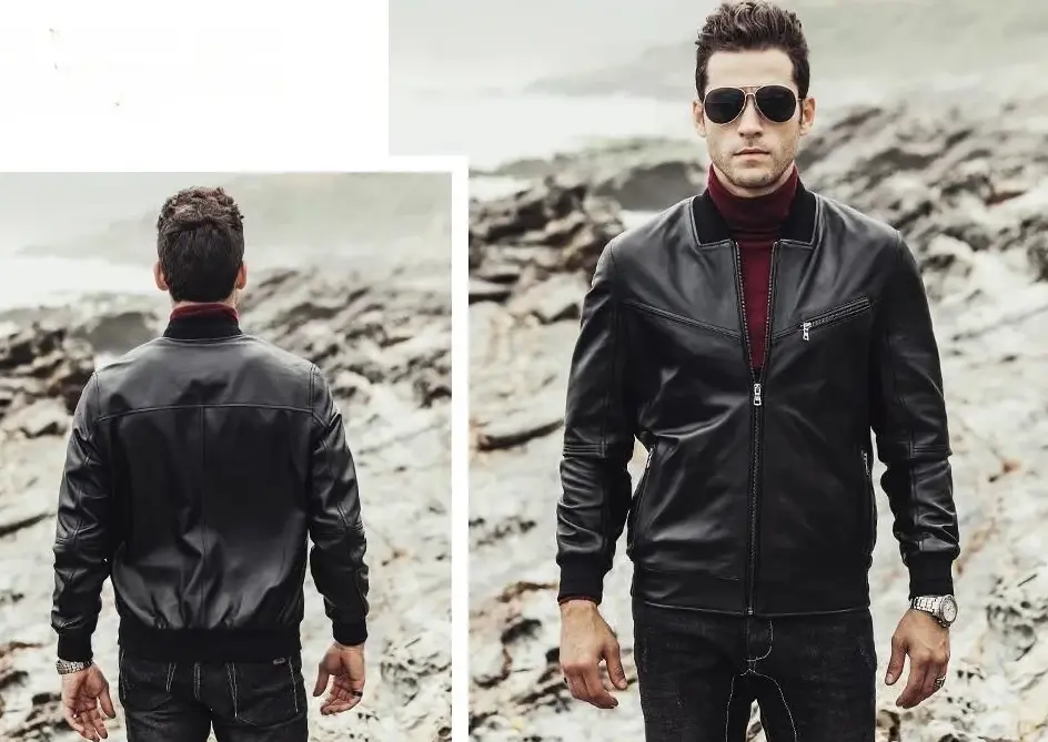 Veste en cuir homme noir, coupe ajustée, vue de face et de dos, pour un style intemporel.
