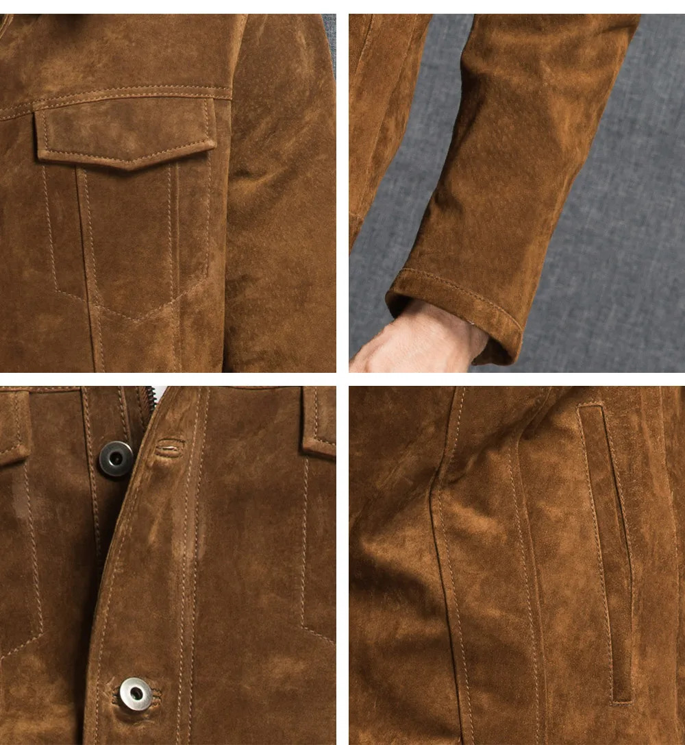 Détails du blouson daim marron: poches poitrine, manches, boutons métalliques et coutures de qualité.