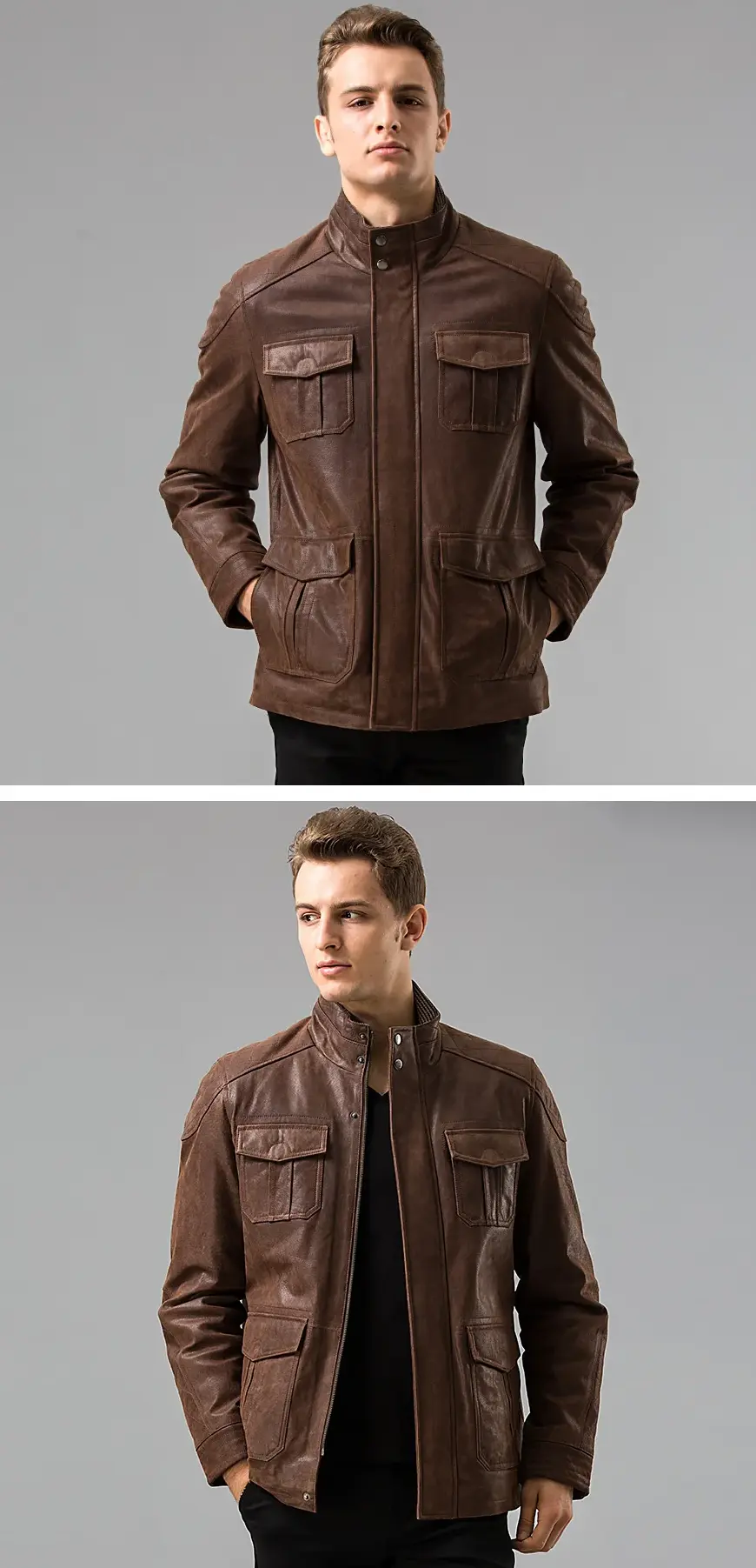 Veste en cuir marron pour homme, posée décontractée, avec poches fonctionnelles, un vêtement de collection homme.