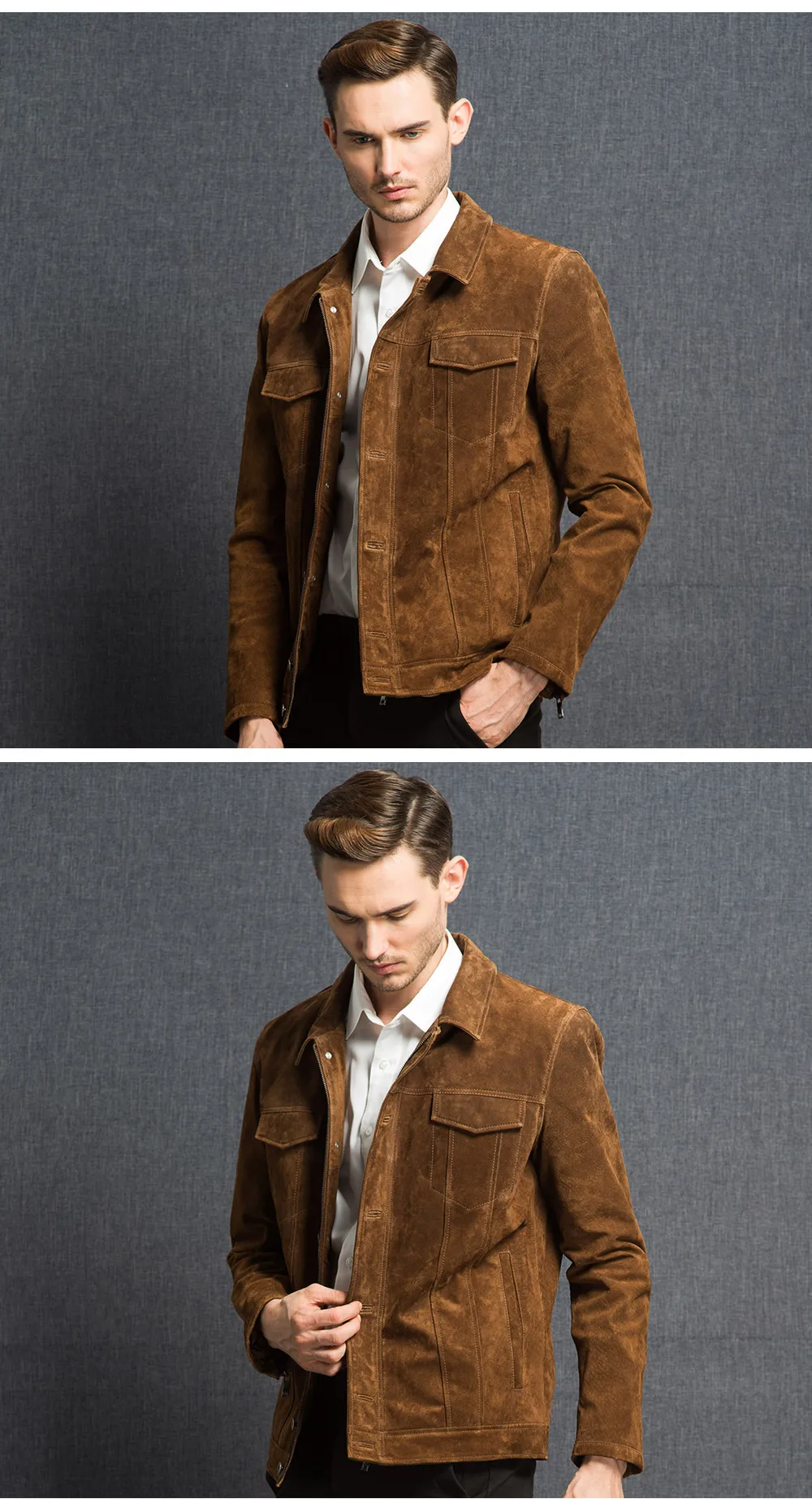 Veste cuir homme marron en daim, coupe ajustée, style décontracté et élégant.
