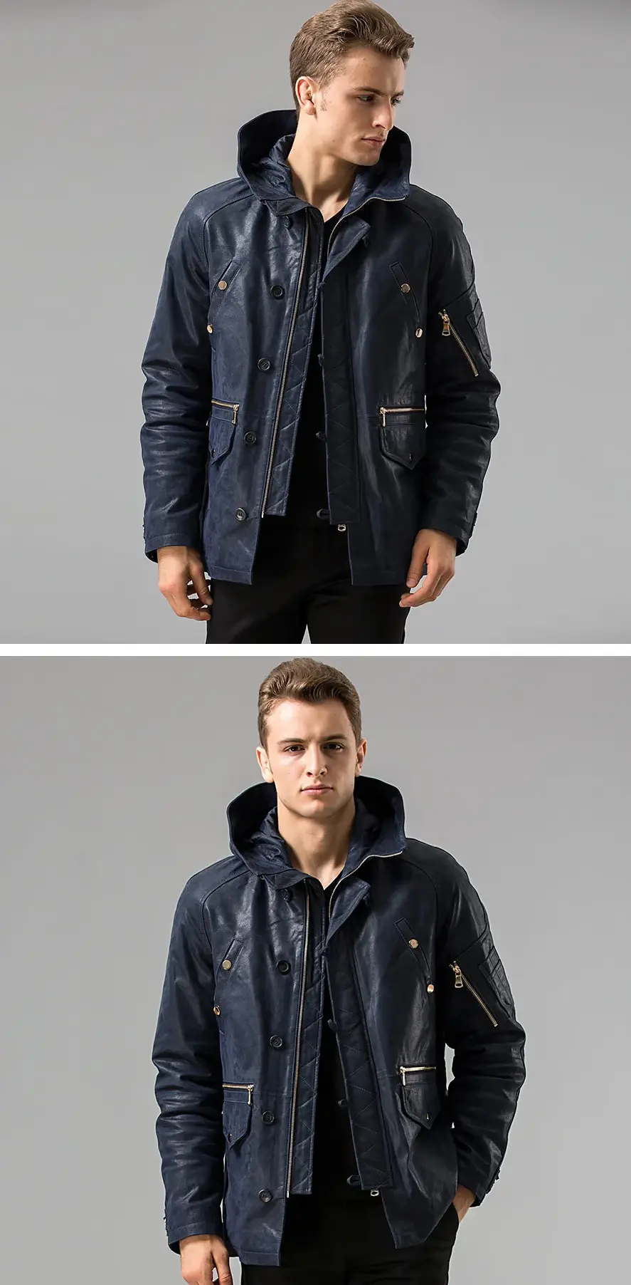 Veste homme en cuir souple bleu, avec capuche et poches à rabat, collection toutes saisons.