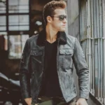 Blouson homme en cuir aspect daim, veste chaude avec col en fourrure