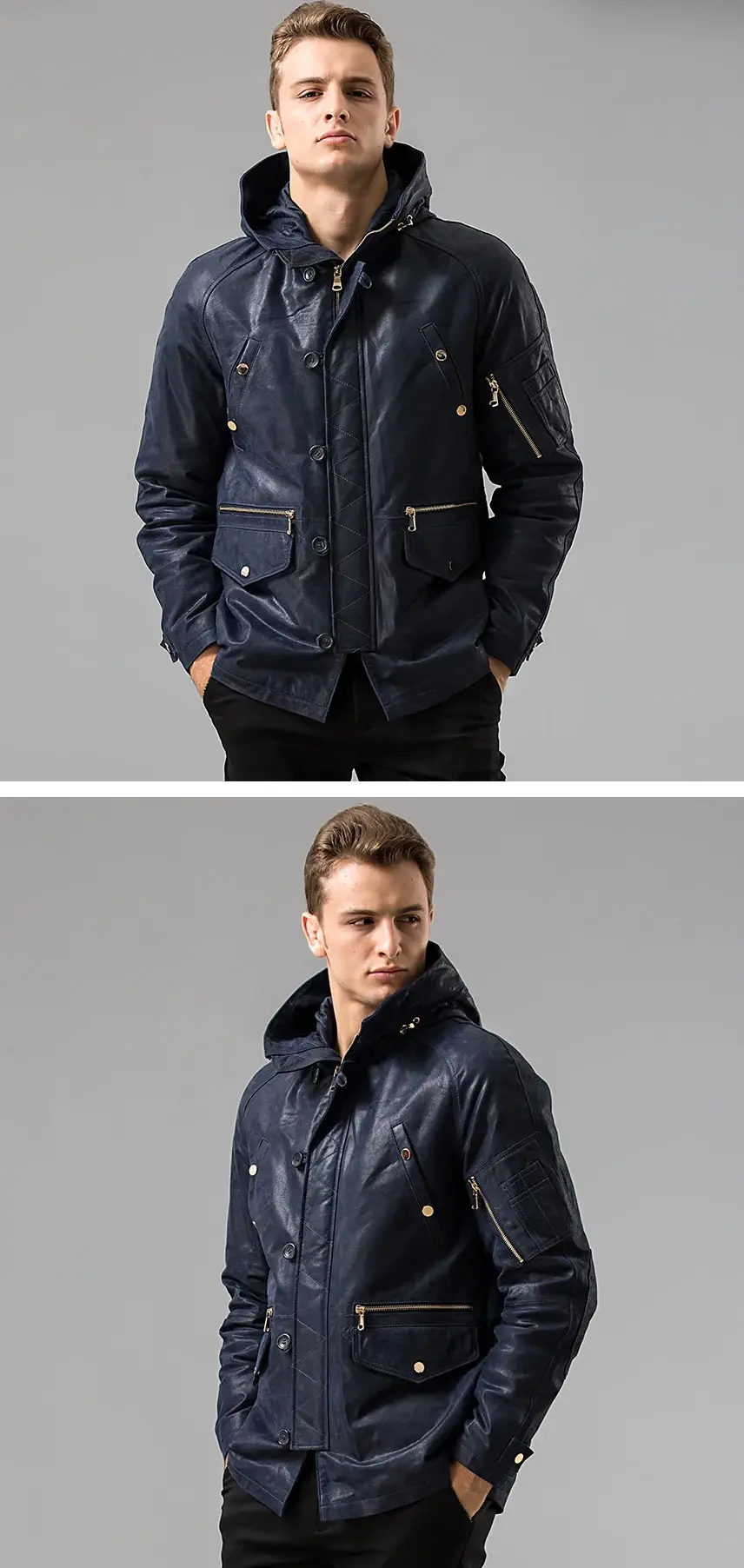 Blouson cuir homme bleu marine avec capuche amovible, idéal pour un look tendance.