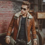 Blouson cuir homme style aviateur ouvert, doublure en peau lainée, parfait pour un look décontracté.