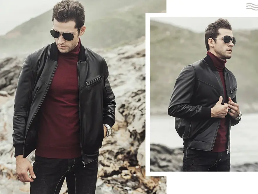 Modèle portant un blouson en cuir noir pour homme, style bomber, idéal pour un look décontracté et élégant.