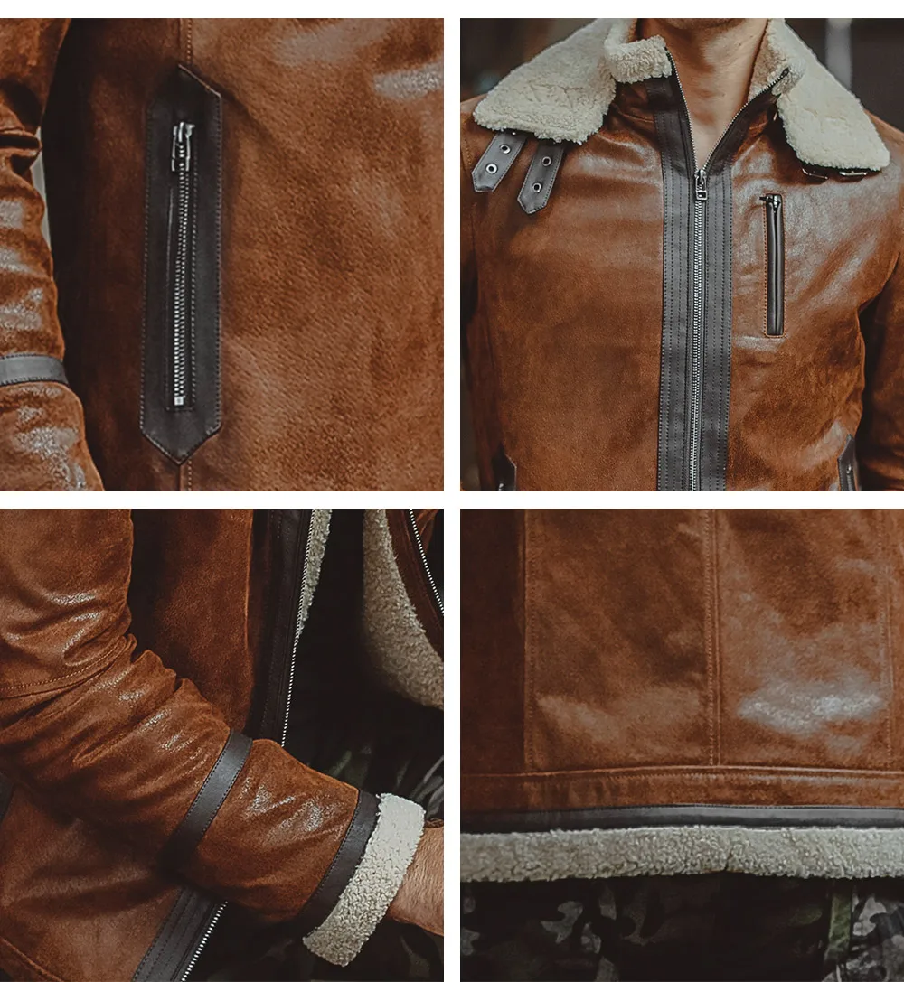 Quatre vues rapprochées d'un blouson homme en daim aspect vieilli : poche, col, manchette, ourlet.
