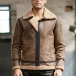 Bombardier peau lainée homme en cuir marron, coupe confort, idéal pour l'hiver.