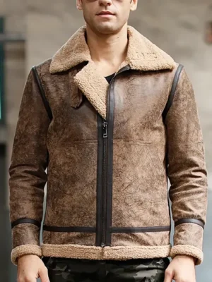 Bombardier peau lainée homme en cuir marron, coupe confort, idéal pour l'hiver.